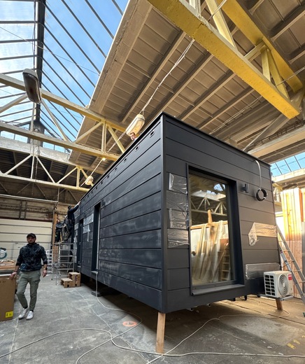 Modern Mobile Home with Single Slope Roof in Production