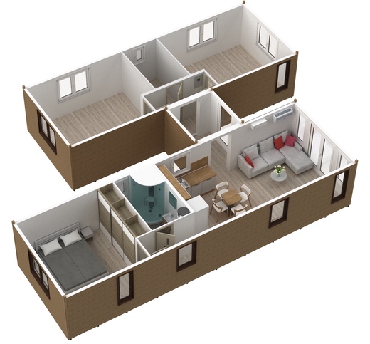 Pôdorys mobilného domu Super Arktik – spojenie dvoch domov pre priestranné bývanie